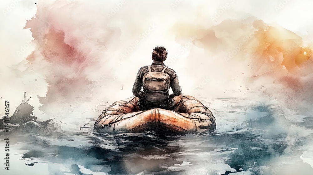 Solitude at Sea: A Striking Poster of a Lone Figure in Professional Attire on a Minimalist Raft, Perfect for Inspiring Sports Interiors and Dramatic Spaces Solitude at Sea: A Striking Poster of a Lone Figure in Professional Attire on a Minimalist Raft, Perfect for Inspiring Sports Interiors and Dramatic Spaces