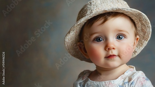 Adorable Baby Girl in Straw Hat, Portrait Photography. AI Generated