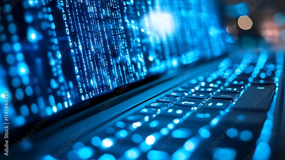 Glowing intensely laptop screen shows code, closeup photo.. AI Generated