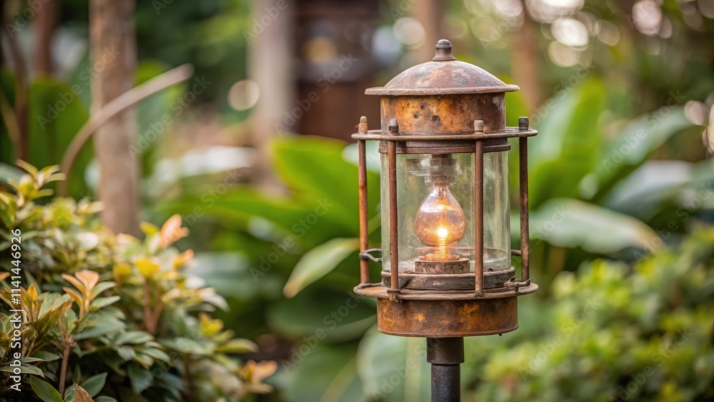 Fototapeta premium Rusted Outdoor Lantern with a Lit Bulb in a Garden Setting