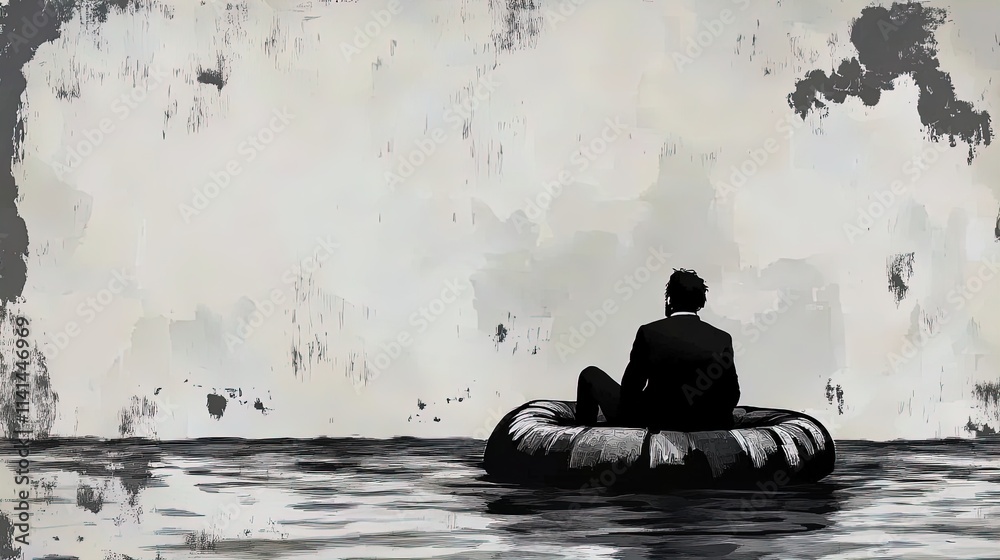 Solitude at Sea: A Striking Poster of a Lone Figure in Professional Attire on a Minimalist Raft, Perfect for Inspiring Sports Interiors and Dramatic Spaces Solitude at Sea: A Striking Poster of a Lone Figure in Professional Attire on a Minimalist Raft, Perfect for Inspiring Sports Interiors and Dramatic Spaces