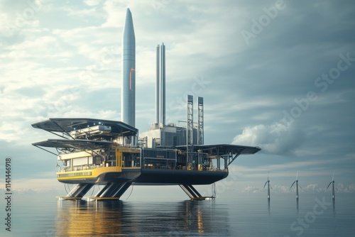 Futuristic oil rigs in modern design offshore location digital art visualization serene marine environment aerial viewpoint innovative energy concept photo