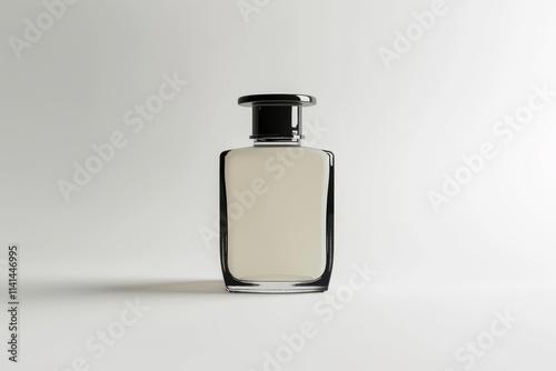 Elegant perfume bottle with a clear glass body and a black cap on a white background. photo