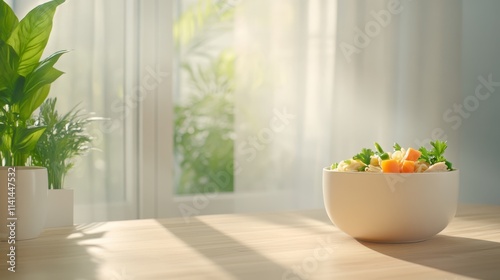 A steaming bowl of noodle soup with carrots and parsley, placed on a rustic wooden table. Warm and comforting meal concept.