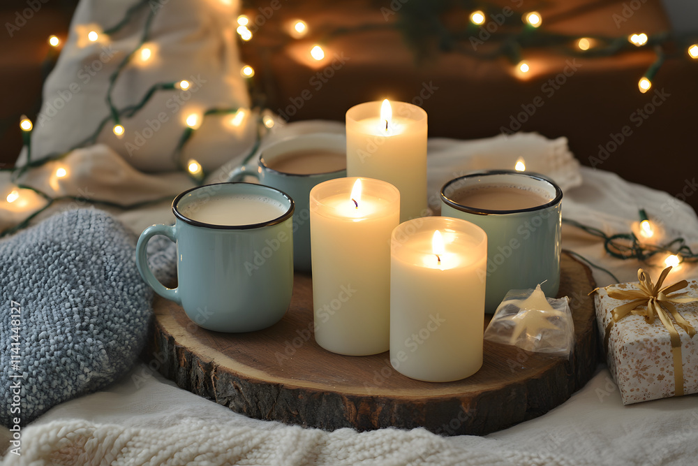 Cozy winter scene with lit candles, hot drinks in mugs, knitted blankets, and warm fairy lights on a rustic wooden tray, creating a peaceful and festive holiday atmosphere Cozy winter scene with lit candles, hot drinks in mugs, knitted blankets, and warm fairy lights on a rustic wooden tray, creating a peaceful and festive holiday atmosphere