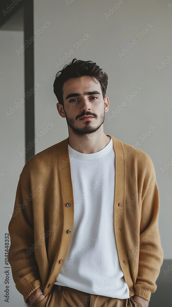 Man posing calmly wearing a brown cardigan in a plain photo mockup.. AI Generated Man posing calmly wearing a brown cardigan in a plain photo mockup.. AI Generated