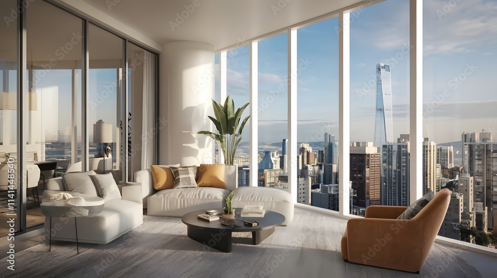A high-rise apartment with windows closed to block out the noise from the busy city below. A high-rise apartment with windows closed to block out the noise from the busy city below.