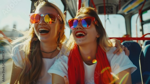 Photo of two young women laughing and talking on the bus, wearing red scarves and white t-shirts with colorful sunglasses on a sunny day with natural light, photo