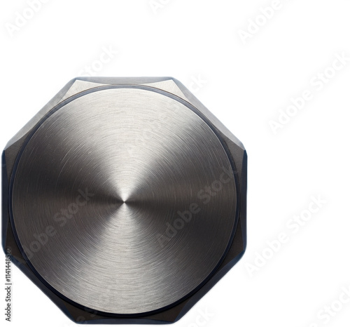 A metallic, octagonal-shaped object with a brushed steel texture and a circular pattern radiating from the center. The design is sleek, industrial, and polished, reflecting light elegantly.