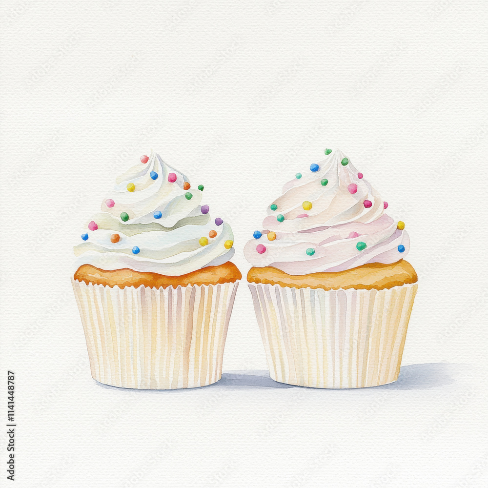 Two cupcakes with detailed frosting and colorful sprinkles, isolated design on white background
Two cupcakes with detailed frosting and colorful sprinkles, isolated design on white background
