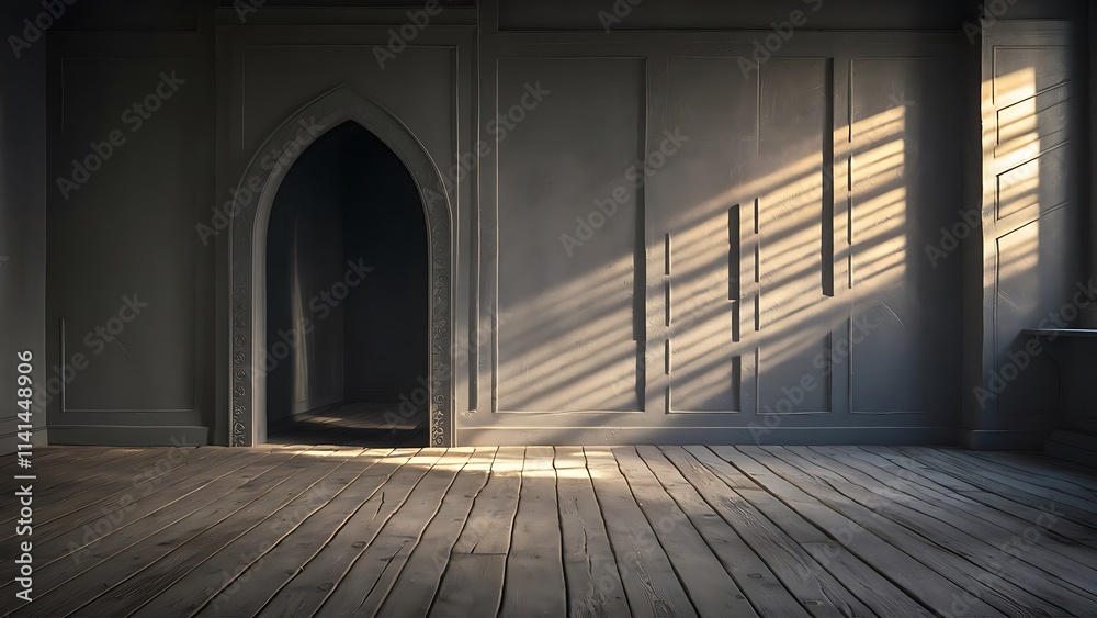 Gray empty room interior with arch entrance with wooden floor, shadows and sun light from window on wall Gray empty room interior with arch entrance with wooden floor, shadows and sun light from window on wall