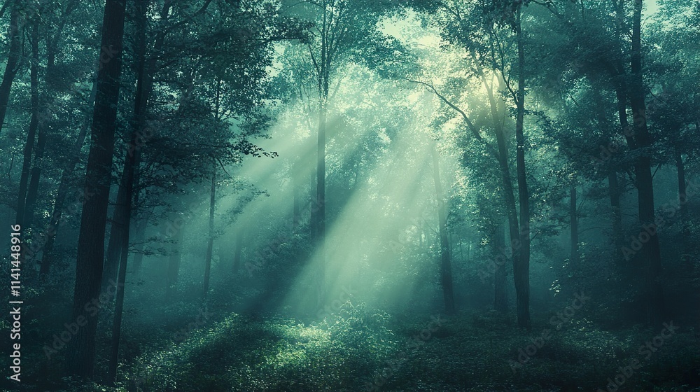 Obraz premium Sunbeams in a Misty Forest: An Enchanting Nature Scene