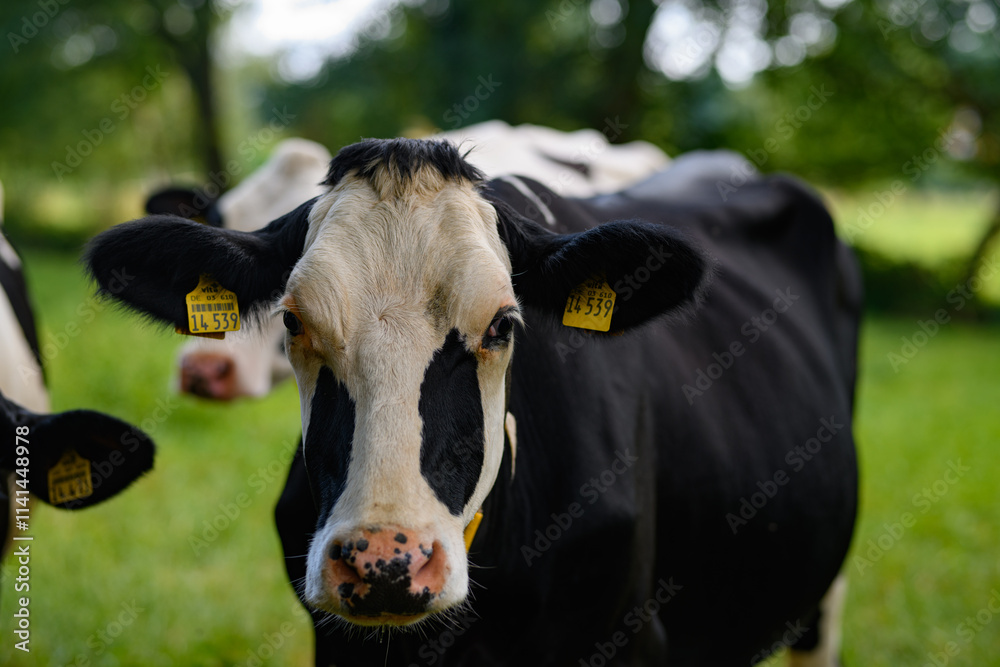 Holstein cows at pasture. Mature cow. Cows on a meadow. Black and white cow on green meadow. Cow Farm with dairy cattle on field in countryside farm. Cow herd at field. Holstein cows at pasture. Mature cow. Cows on a meadow. Black and white cow on green meadow. Cow Farm with dairy cattle on field in countryside farm. Cow herd at field.