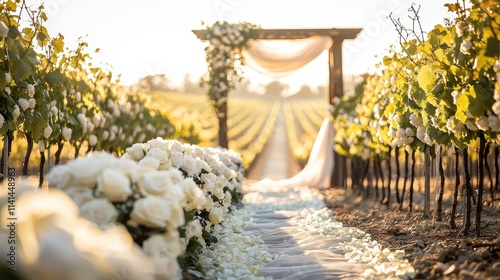 A luxury vineyard wedding ceremony, where an aisle lined with white roses leads to a rustic wooden arch draped in flowing fabric and flowers. The vineyard stretches endlessly behind the couple  photo