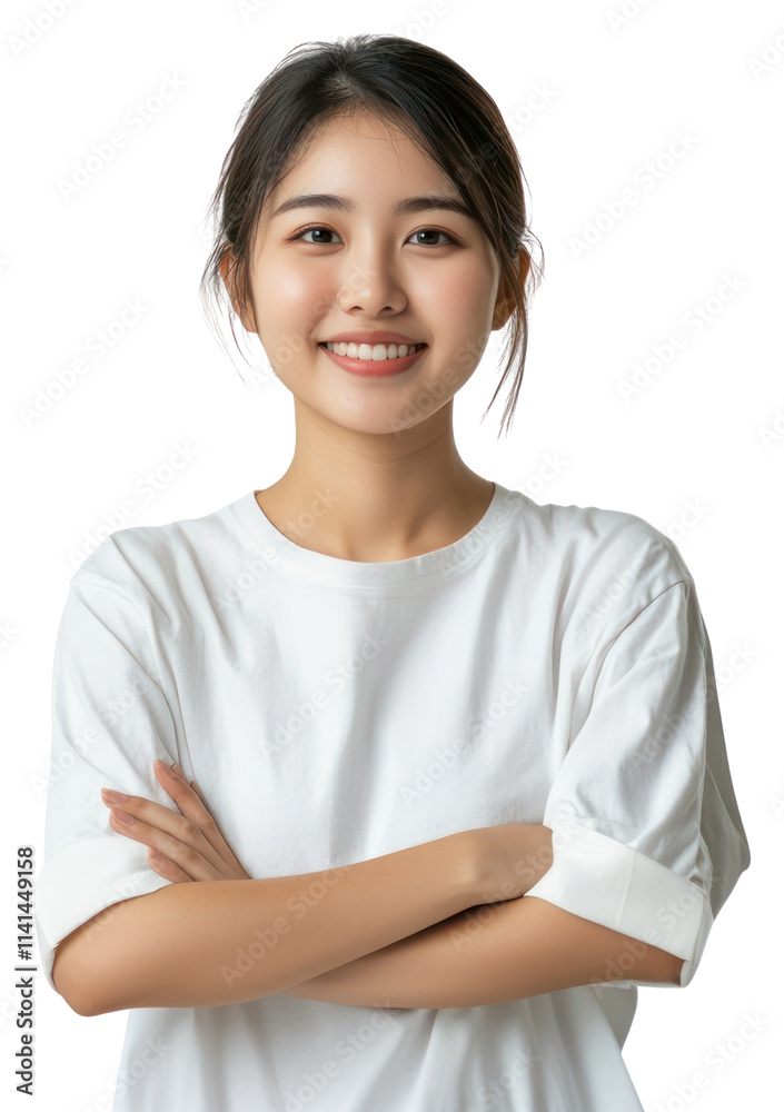 PNG An asian woman smile and cross the arms over the chest wearing shirt over white t-shirt portrait photography happy. PNG An asian woman smile and cross the arms over the chest wearing shirt over white t-shirt portrait photography happy.