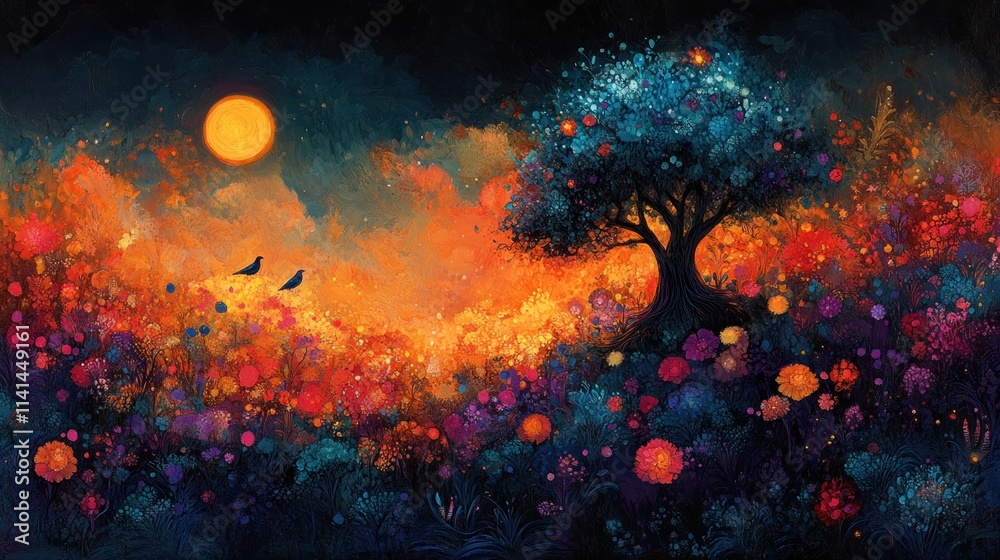Fototapeta premium Magical sunset, vibrant flowers, lone tree, two birds.