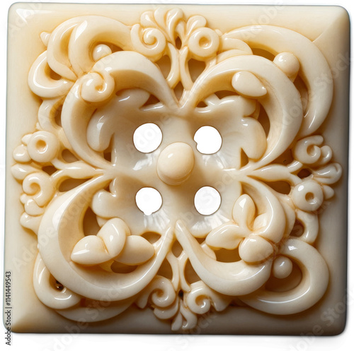 An ornate, cream-colored decorative button with intricate, symmetrical patterns and a central knob surrounded by four holes. The design features floral and baroque-style details.