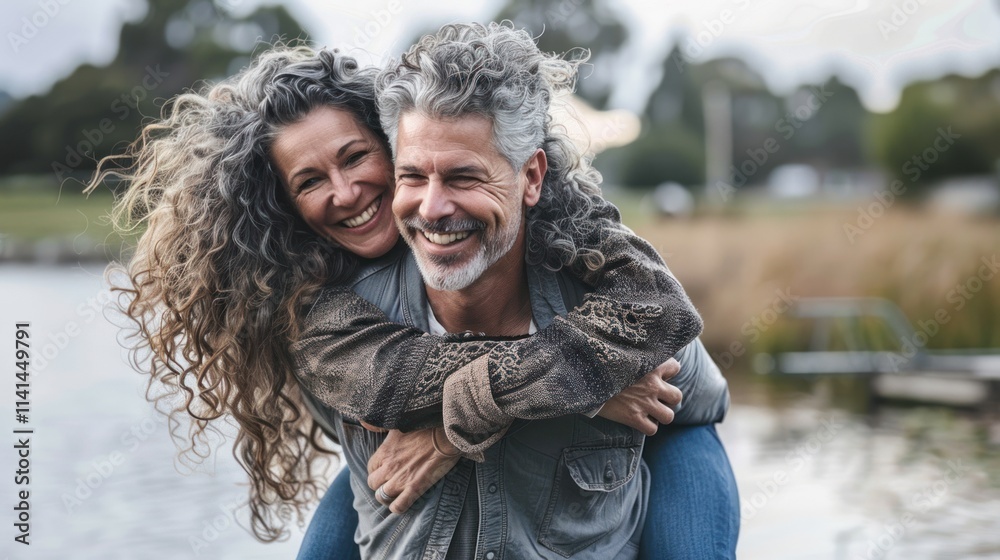 Happy middle-aged couple hugging each other and smiling at the camera, with sunlight shining on their faces, a lake in the background and a grassy meadow. Happy middle-aged couple hugging each other and smiling at the camera, with sunlight shining on their faces, a lake in the background and a grassy meadow.
