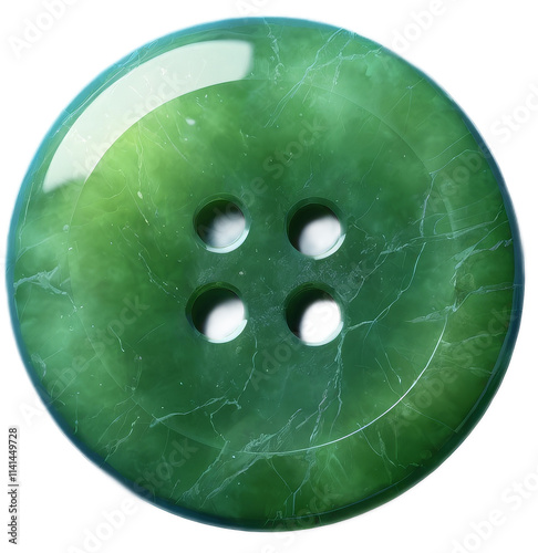 A glossy green button made of a jade-like material, featuring a polished surface with natural marble-like veins. It has four holes in the center, maintaining a classic button design. 