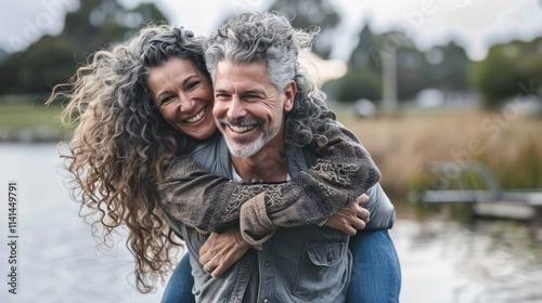 Happy middle-aged couple hugging each other and smiling at the camera, with sunlight shining on their faces, a lake in the background and a grassy meadow.