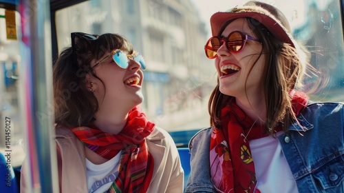 Photo of two young women laughing and talking on the bus, wearing red scarves and white t-shirts with colorful sunglasses on a sunny day with natural light,