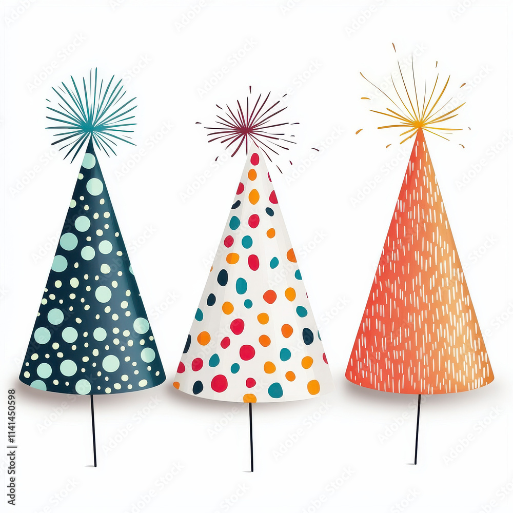 Obraz premium Colorful party hats with vibrant glowing patterns, isolated design on white background 
