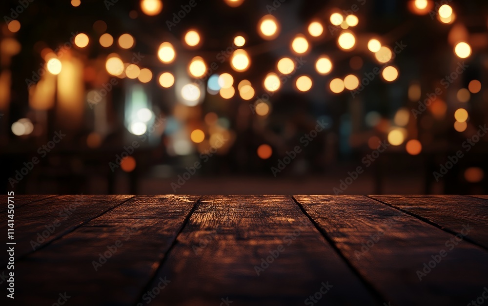 Dark wooden table with blurred night lights background. Dark wooden table with blurred night lights background.
