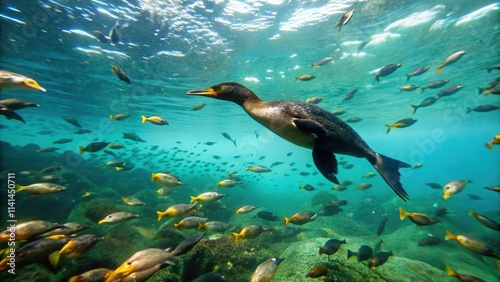 A cormorant swimming through a school of fish