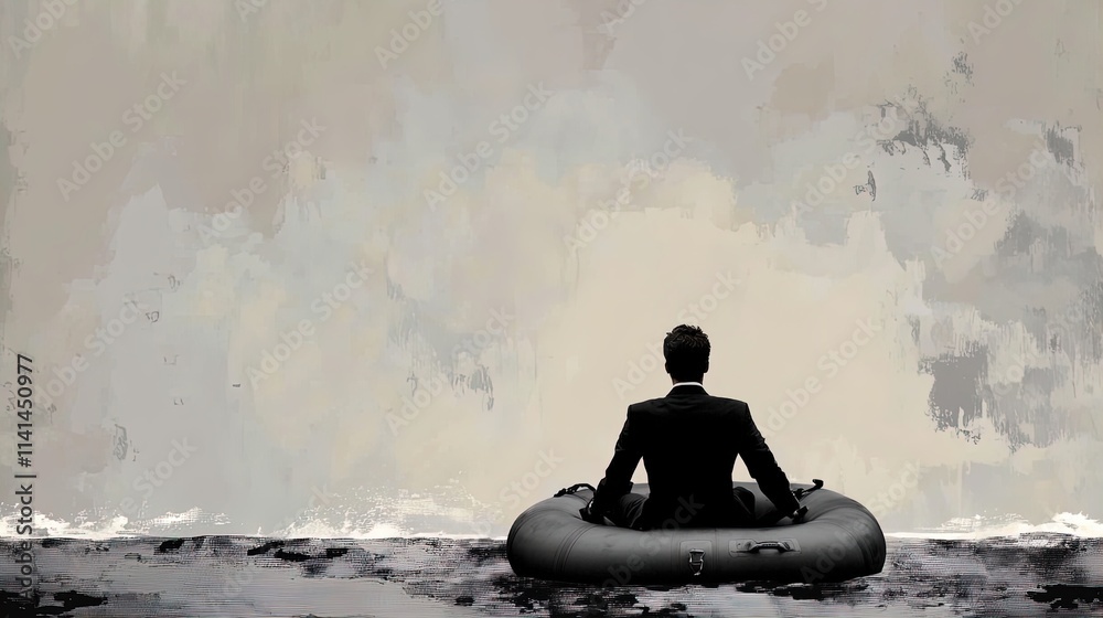 Solo Adventurer: A Man in a Dark Gray Suit on a Modern Gray Inflatable Raft, Capturing the Mystique of the Ocean - Perfect for a Sporty Living Room Poster or Motivational Artwork Solo Adventurer: A Man in a Dark Gray Suit on a Modern Gray Inflatable Raft, Capturing the Mystique of the Ocean - Perfect for a Sporty Living Room Poster or Motivational Artwork
