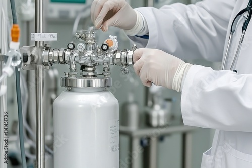 Medical professional operating a gas cylinder in a laboratory setting.