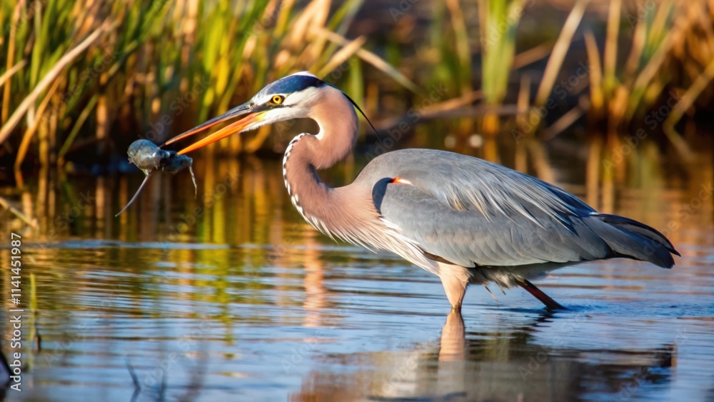 Great Blue Heron Capturing Prey in a Marsh Great Blue Heron Capturing Prey in a Marsh