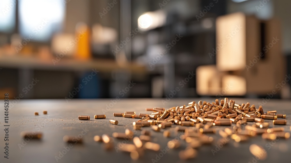 Scattered wood shavings on a workshop table in soft focus background. Scattered wood shavings on a workshop table in soft focus background.