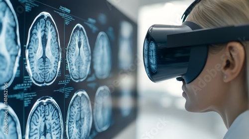 Wallpaper Mural Woman in vr headset analyzes mri scans on a digital display, exploring medical technology and healthcare innovation. Torontodigital.ca