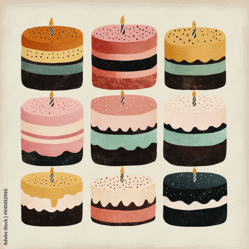 Colorful birthday cakes with candles in grid pattern Colorful birthday cakes with candles in grid pattern