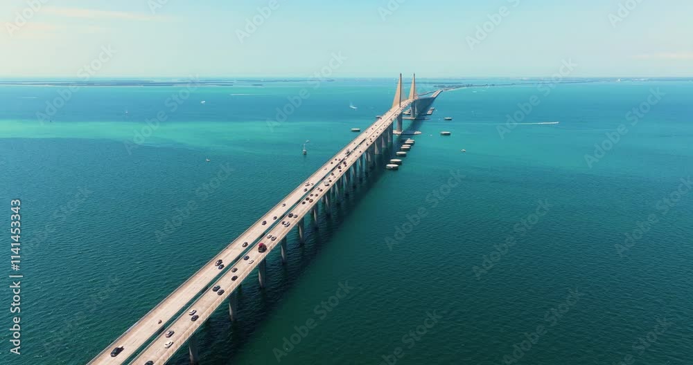Highway road with driving traffic cars on Sunshine Skyway Bridge over Tampa Bay in Florida. Transportation infrastructure in USA Highway road with driving traffic cars on Sunshine Skyway Bridge over Tampa Bay in Florida. Transportation infrastructure in USA