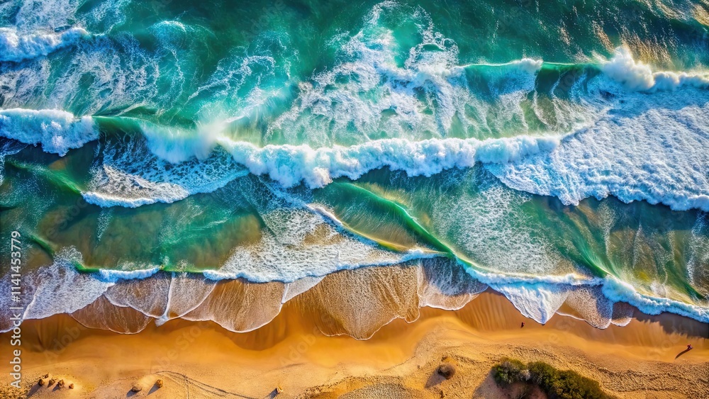 Aerial view of waves crashing on beach in daylight, sea, ocean, waves, surf, coastline, sand, shore, water, foam, whitecaps Aerial view of waves crashing on beach in daylight, sea, ocean, waves, surf, coastline, sand, shore, water, foam, whitecaps