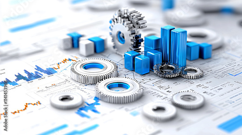 detailed analysis report featuring gears, blue bars, and graphs, illustrating data trends and comparisons in business context. image conveys sense of precision and analysis