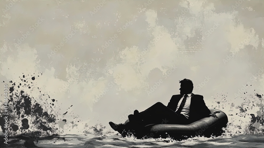 Businessman in Suit and Tie Relaxing on Inflatable Raft Amidst Dramatic Ocean Waves: A Perfect Inspirational Poster for Modern Office or Sports Interior Decoration