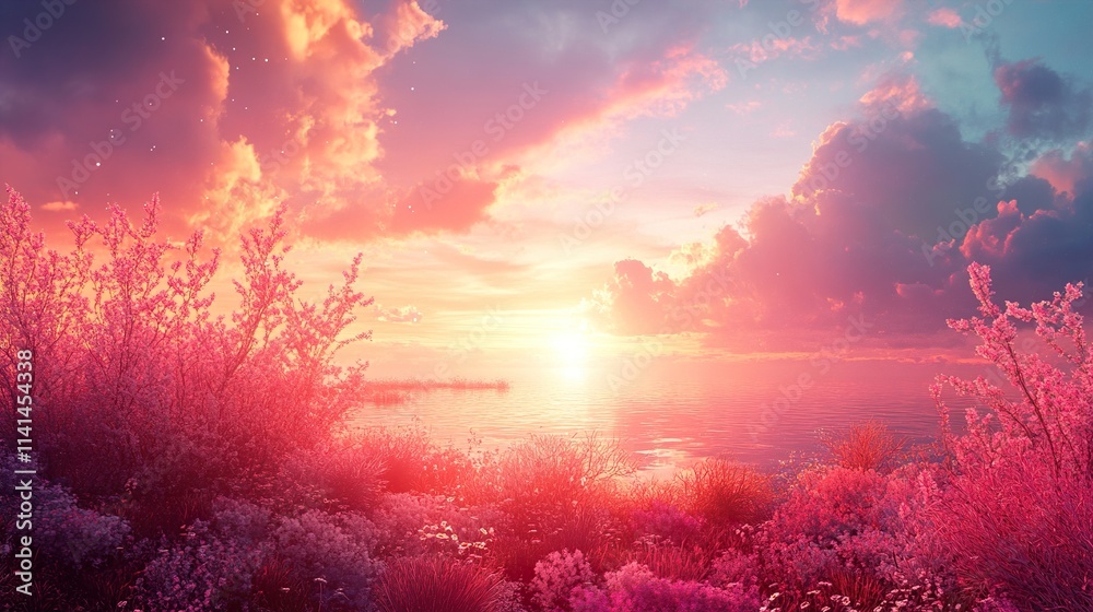 Obraz premium Pink Sunset Landscape: Serene Lake and Flowers