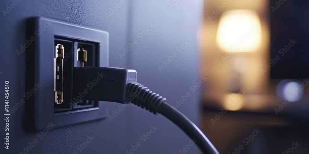 A close-up of an adapter cord connecting a device to an electrical outlet. A close-up of an adapter cord connecting a device to an electrical outlet.