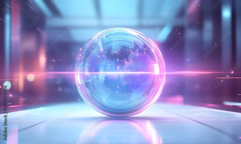 Transparent globe with maps and light streak.