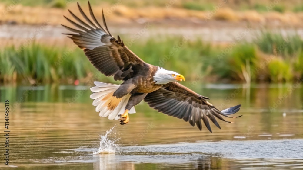 Fototapeta premium Bald Eagle in Flight Above a Calm Lake
