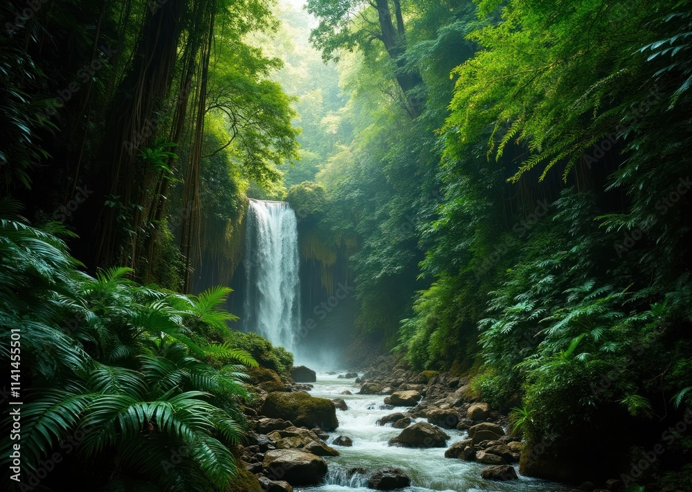 Obraz premium A tranquil tropical rainforest with large green ferns, sunlight dappling through the canopy, and a cascading waterfall positioned on the left third 