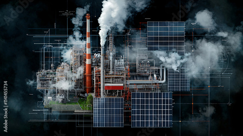 factory emitting smoke contrasts with solar panels, showcasing clash between traditional energy and renewable sources. This highlights industrial development and sustainability