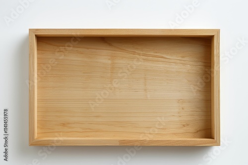 Empty light brown wooden tray on white background.