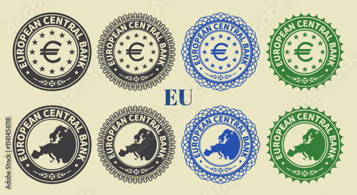 Vector graphic set of financial fictional Europe seals. Collection of round icons with map and stars, inscription European Central Bank. Euro. Emblems or badges.