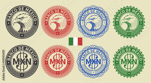 Vector graphic set of financial fictional American seals. Collection of round icons with Mexican peso symbol and eagle head. Spanish inscription means bank of Mexico.
