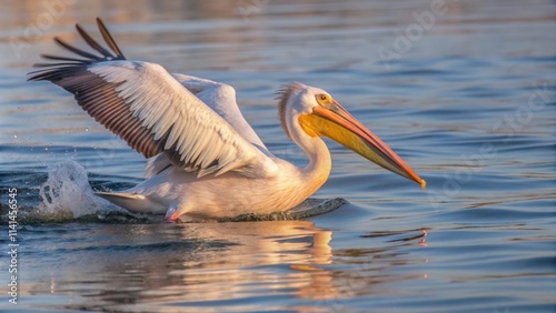 White Pelican Landing on Water with Wings Spread