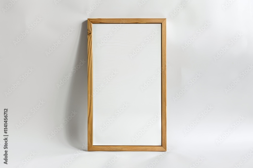 Tall rectangular mirror in light wood frame against white background. Tall rectangular mirror in light wood frame against white background.