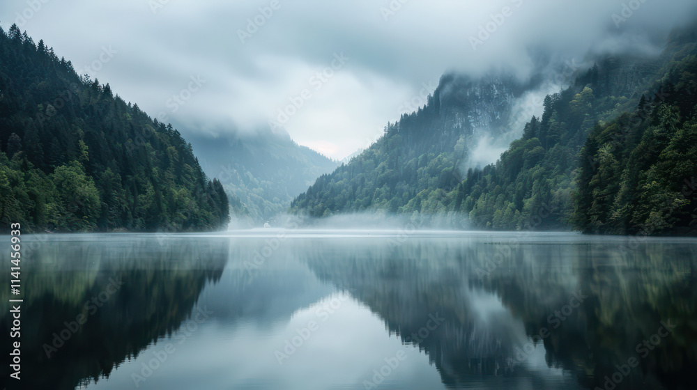 Misty lake surrounded by mountains and lush greenery creates serene atmosphere